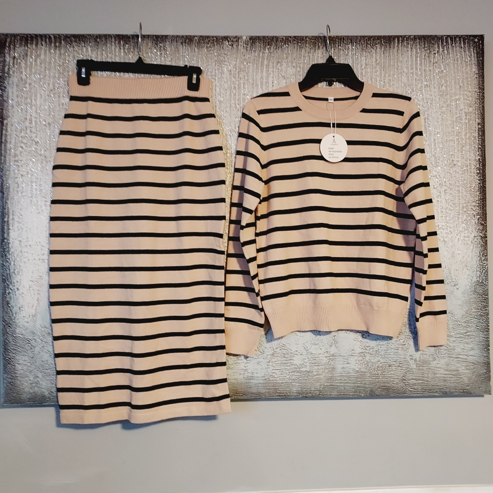 Striped Beige and Black Knit Skirt and Top Set